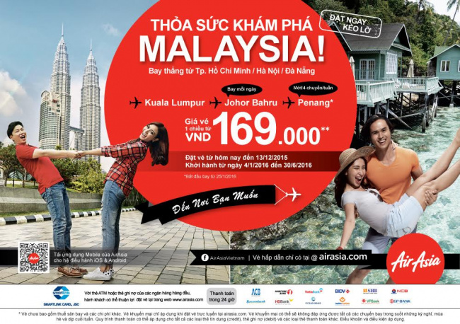 Bay Malaysia siêu rẻ (20 USD một chiều), bay Bangkok giảm 50%