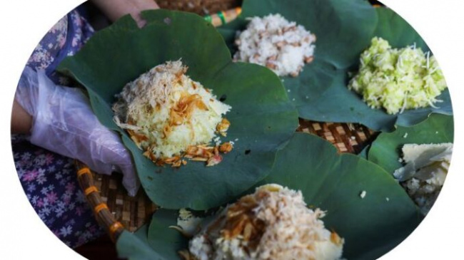 ho chi minh city, saigon cuisine, saigon restaurant, sticky rice wrapped in lotus leaves, sticky rice wrapped in lotus leaves attracts customers in saigon