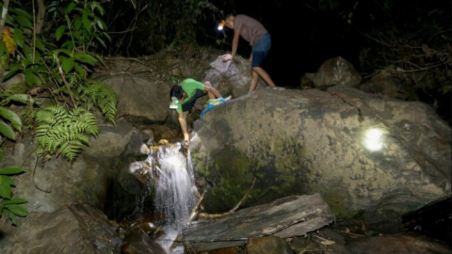 building stone, quang nam, tien phuoc, wading in the stream to catch snails, wading stream to catch stone snails
