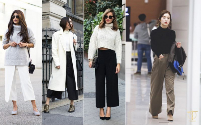 Phối áo cổ lọ dệt kim với quần culottes