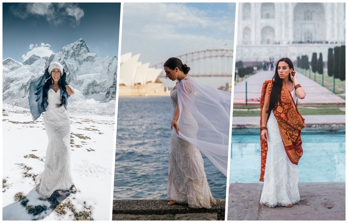 du lịch, cô gái mặc một chiếc váy cưới cùng chồng du lịch qua 33 quốc gia
