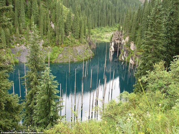 du lịch kazakhstan, hồ kaindy, kazakhstan, điểm đến kazakhstan, rừng cây mọc ngược trong hồ nước ở kazakhstan