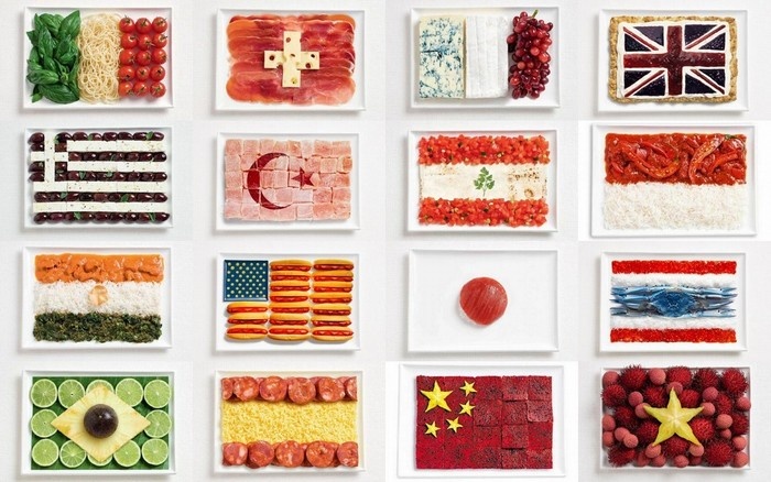 ẩm thực thế giới, du lịch việt nam, thế giới đó đây, kỳ thú 18 lá cờ được trang trí bằng ẩm thực của chính quốc