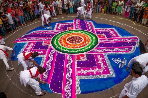 Độc đáo nghệ thuật vẽ thảm rangoli trên đường phố Ấn Độ