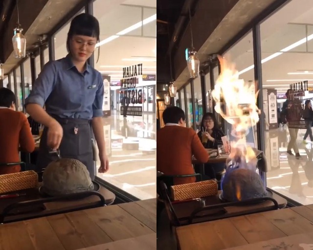 Món bánh pizza “nóng bỏng” bốc cháy ngùn ngụt ngay giữa nhà hàng