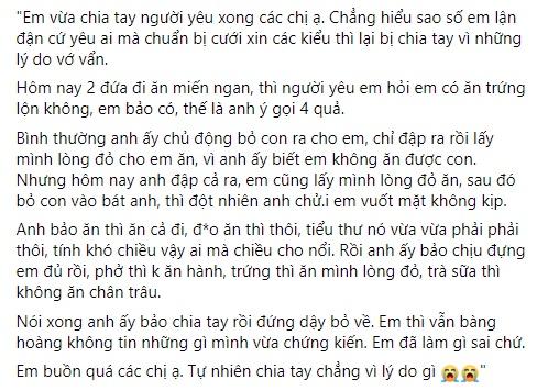 ăn uống,   													ăn trứng vịt lộn bỏ con, cô gái bị người yêu thẳng thừng chia tay vì cho rằng tính tiểu thư khó chiều