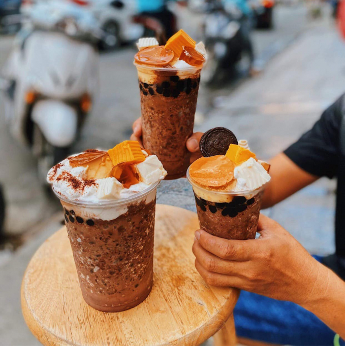 Giant beams of Milo, a snack that is popular with young Saigonese