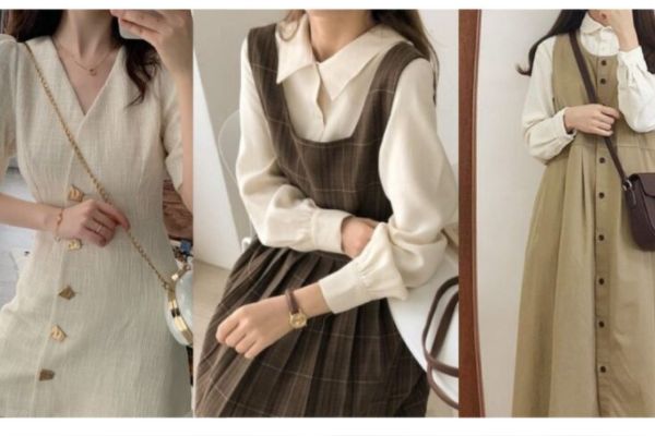 HOUZHOU Nâu Vintage Dài Váy Nữ Thu Đông Phong Cách Hàn Quốc Mùa Đông Cao  Cấp Chữ A Váy Midi Kèm Thắt Lưng Nữ Công Sở Thanh Lịch / váy