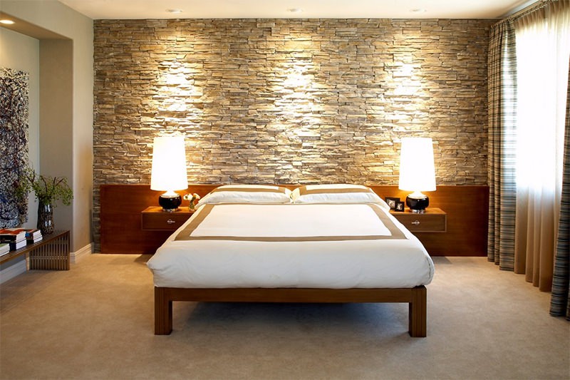 , trang trí phòng ngủ độc đáo với tường đá và gạch thô