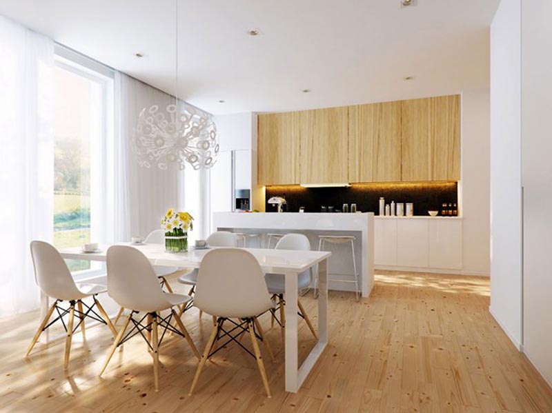 , phòng bếp nhỏ đẹp tinh tế với sơn tường màu trắng kết hợp cùng nội thất gỗ