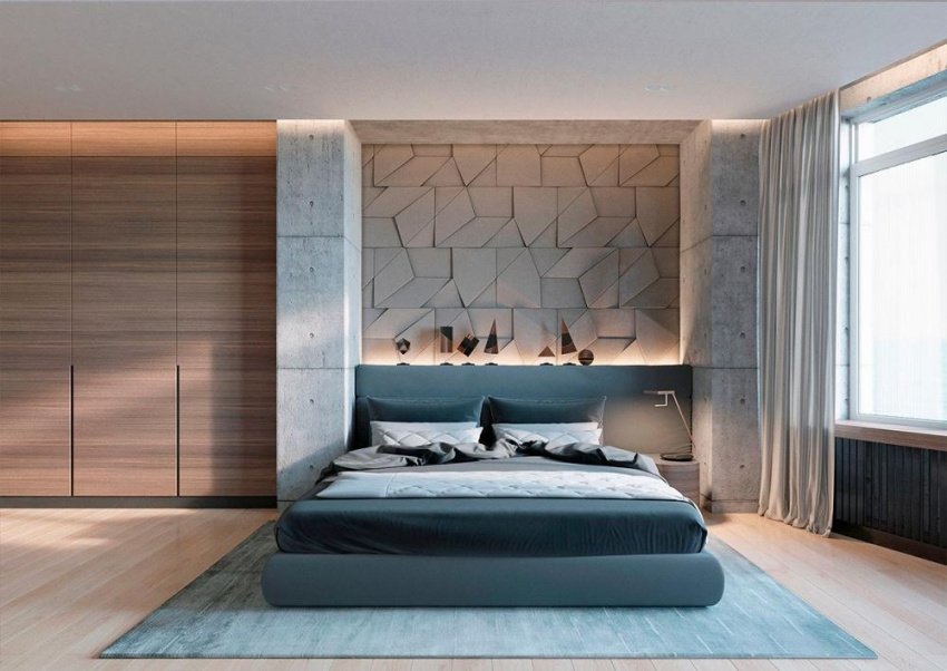 Tường bê tông tạo sự phá cách cho phòng ngủ hiện đại