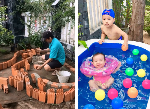 , ngưỡng mộ ông bố tự xây bể bơi mini cho con gái trong sân vườn