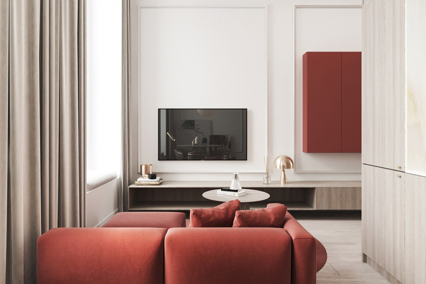 , nội thất màu đỏ và sự yên tĩnh trong căn hộ hiện đại