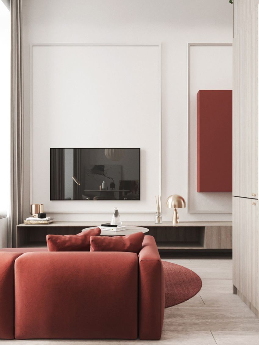 , nội thất màu đỏ và sự yên tĩnh trong căn hộ hiện đại