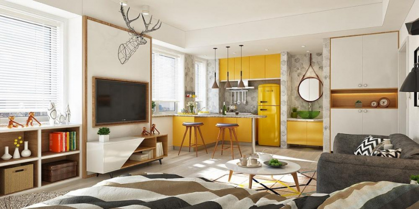 Ấn tượng với căn hộ nhỏ sử dụng màu vàng làm điểm nhấn