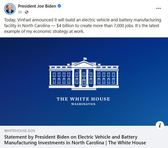 Tổng thống Mỹ Joe Biden tuyên bố việc VinFast xây nhà máy 4 tỷ USD ở Bắc Carolina