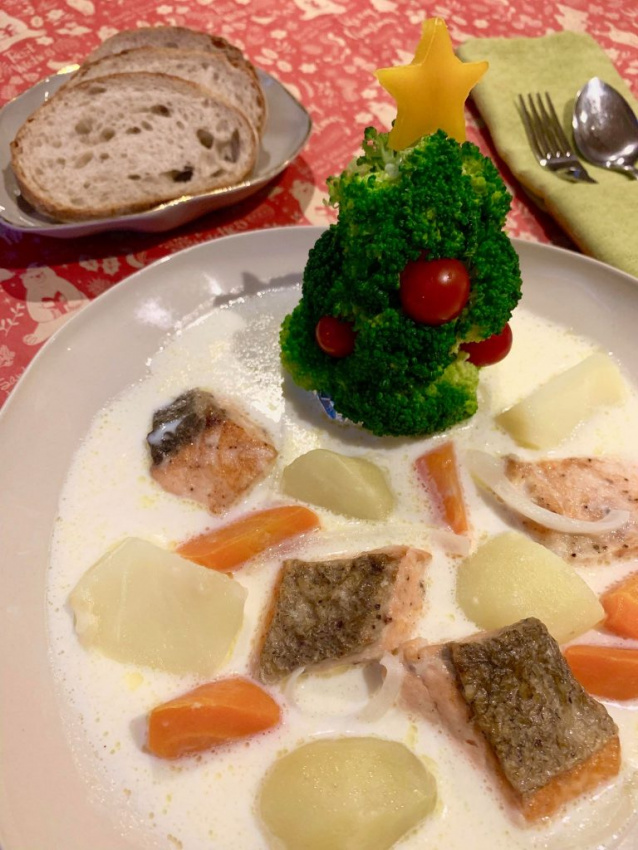 chị aya, tự tay vào bếp, vào bếp cùng chị aya: súp cá hồi hầm rau củ cho ngày giáng sinh