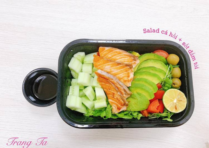 ăn sạch, ăn sạch cá, dấm, salad cá hồi, sốt, tỏi, trái bơ, salad cá hồi + sốt dấm tỏi (eat clean)