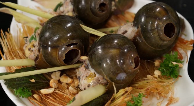 ẩm thực,  du lịch cô tô – thưởng thức ốc bươu nhồi thịt