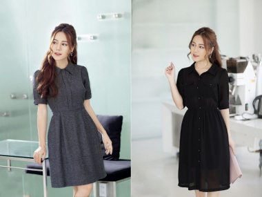 30+ mẫu váy đầm xòe cổ sơ mi đẹp kiểu Hàn Quốc