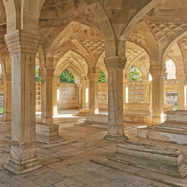 the glorious chausath khamba boasts of 64 pillars & is intricately made of white marble