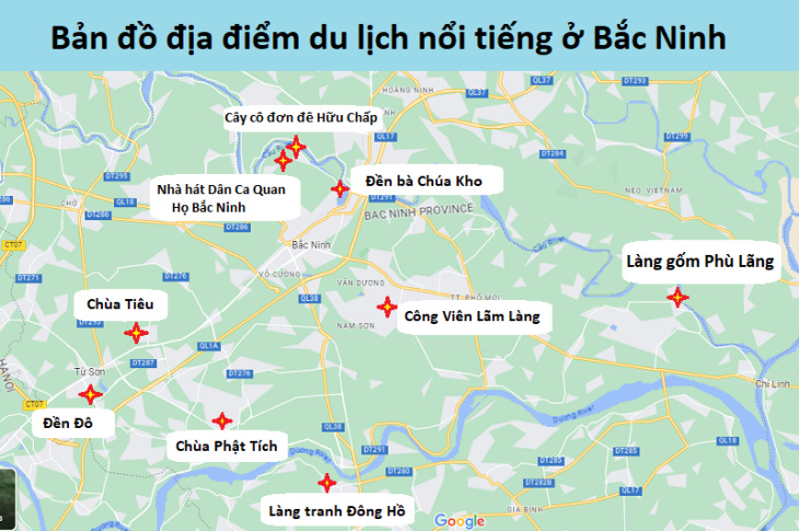 Bản đồ du lịch Bắc Ninh về điểm tham quan, ăn uống bằng hình ảnh