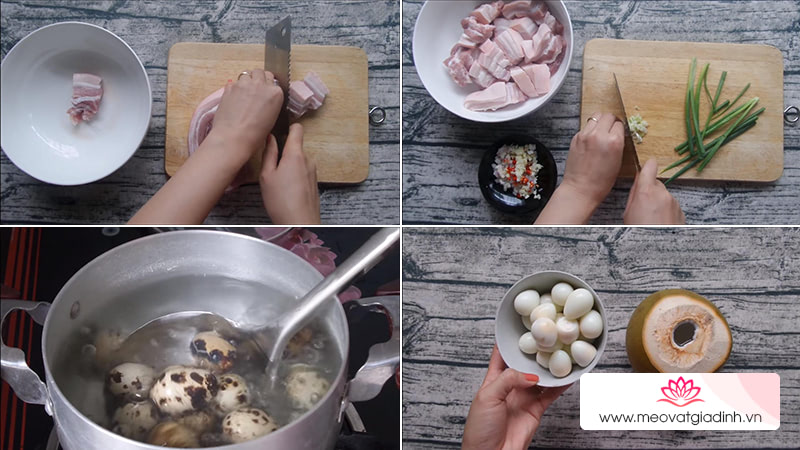 các món kho, công thức nấu ăn, thịt heo, trứng cút, cách nấu thịt ba chỉ kho trứng cút mềm thơm hao cơm cực kì