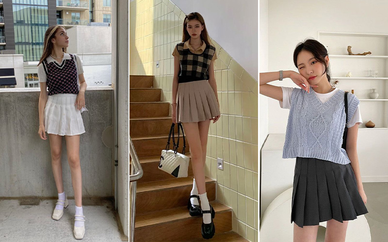 Set chân váy Tennis phối với Áo gile học sinh và sơ mi tay nhún tiểu thư |  Shopee Việt Nam