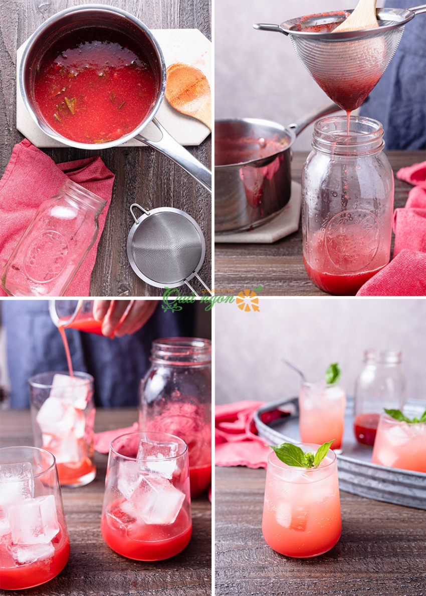 soda dâu tây húng quế, cách pha chế soda dâu tây húng quế - strawberry basil soda
