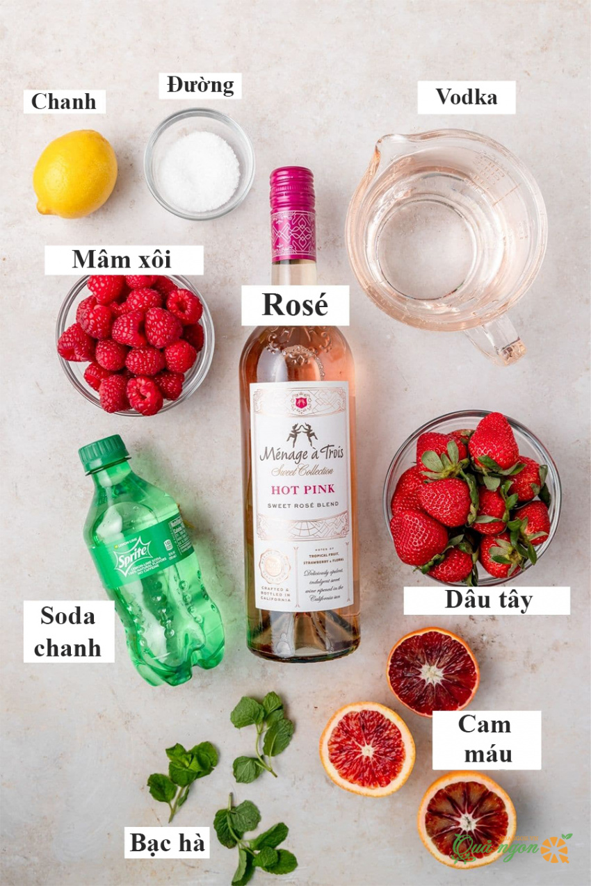 sangria rosé hồng, công thức, công thức sangria hồng với rượu vang rosé
